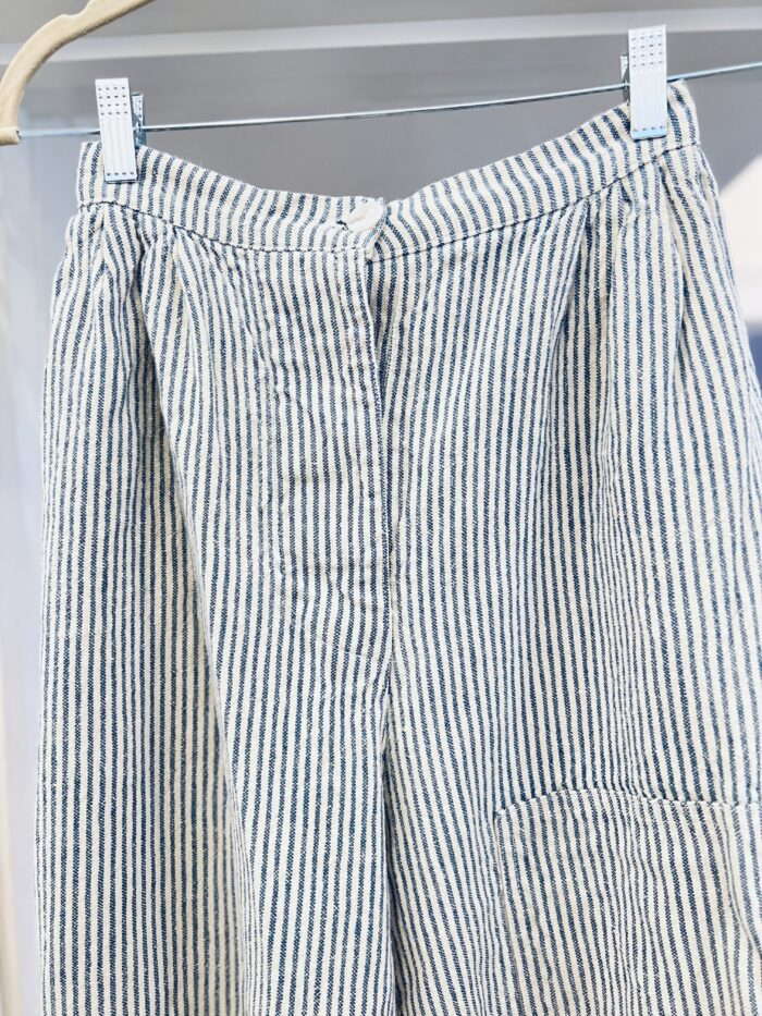 Magnolia Pearl Loved Before Striped Linen Cropped Pants in Blue Stripe