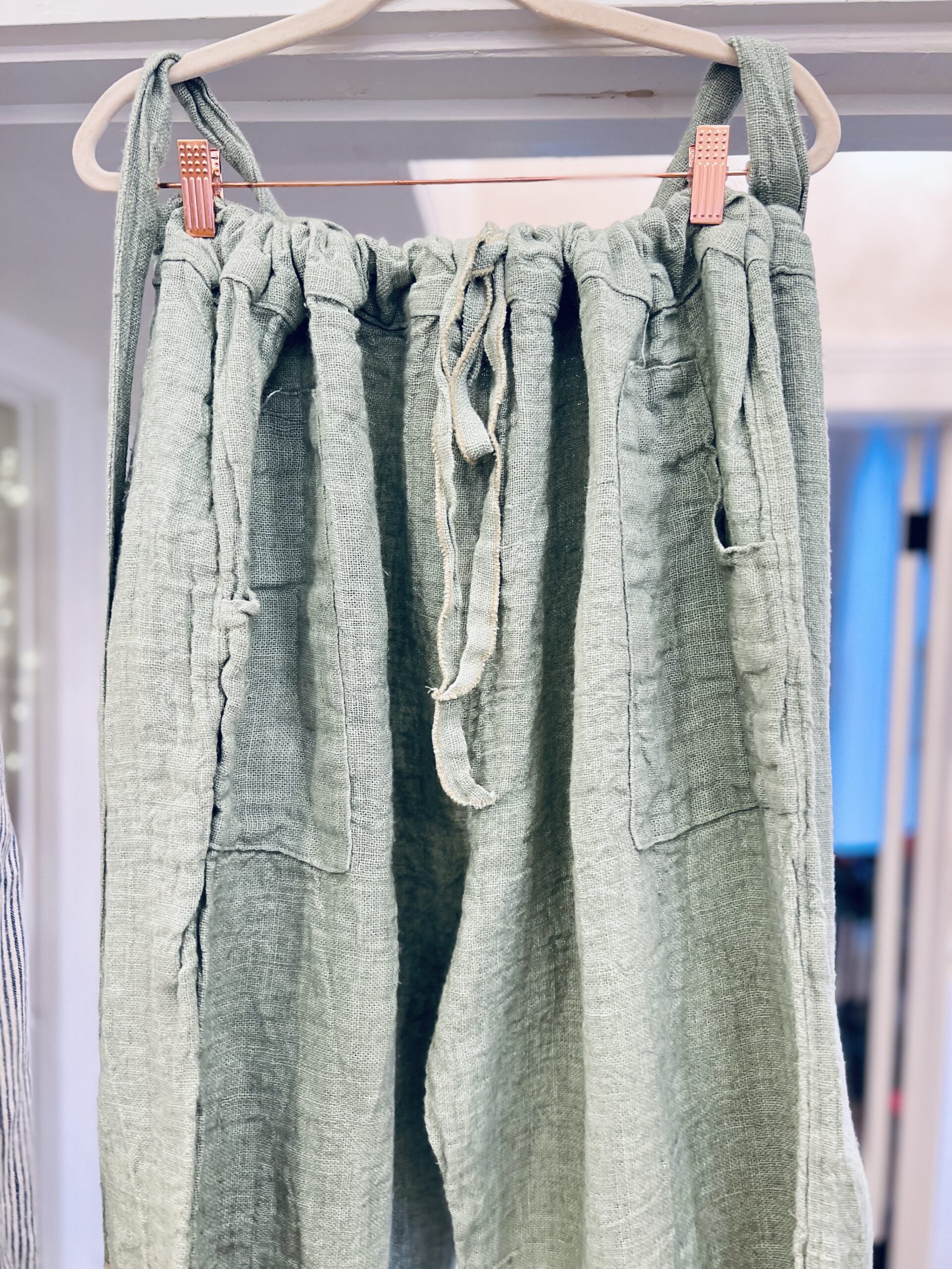 Magnolia Pearl European Handwoven Linen Ophelie Suspender Pants from the Love Collection in Seafoam