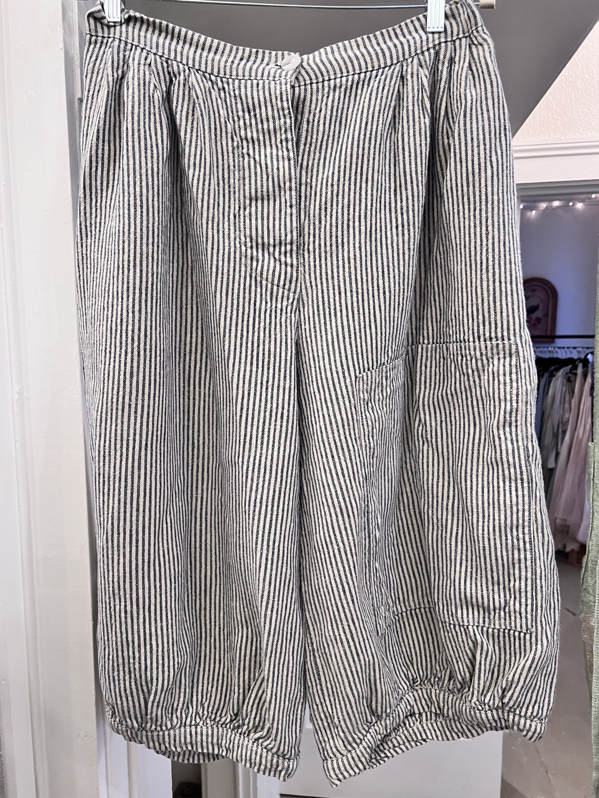 Magnolia Pearl Loved Before Striped Linen Cropped Pants in Blue Stripe