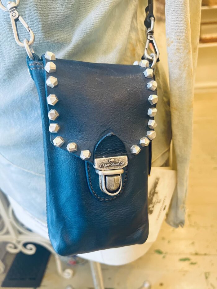 Campomaggi  Leather Phone Case with MATERA STUDS in Sapphire Item C039570ND/X0548/C3019