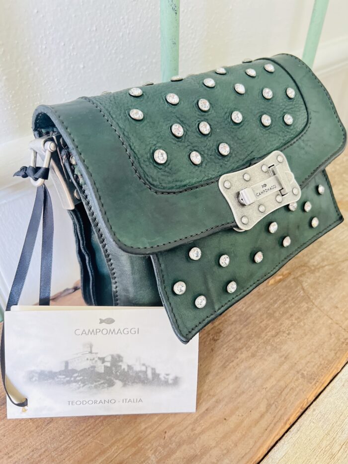 Campomaggi Italian Leather Agnese Cross Body Tracillina Piccola Vacchetta Strap with Trasp in Bottle Green Item # C016500ND/X2785/C2505