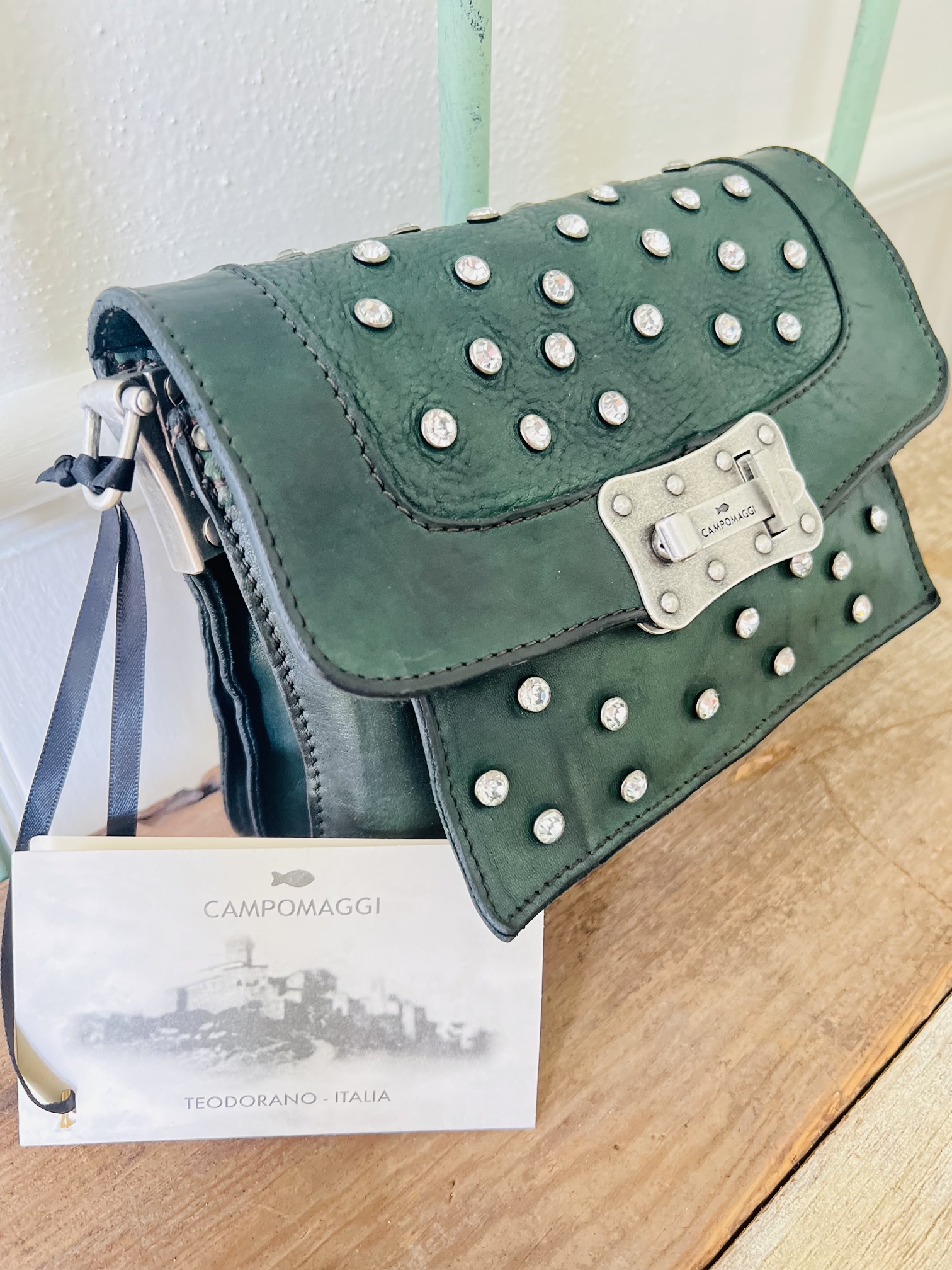 Campomaggi Italian Leather Agnese Cross Body Tracillina Piccola Vacchetta Strap with Trasp in Bottle Green Item # C016500ND/X2785/C2505