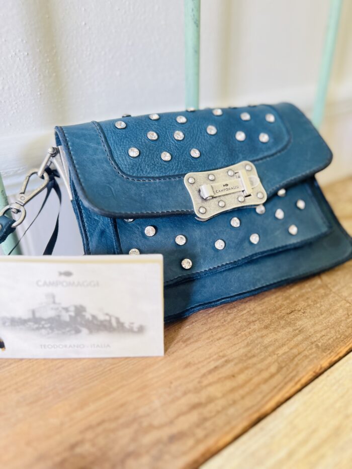 Campomaggi Italian Leather Agnese Cross Body Tracillina Piccola Vacchetta Strap with Trasp in Saphire Item # C016500ND/X2785/C3019 - Image 8