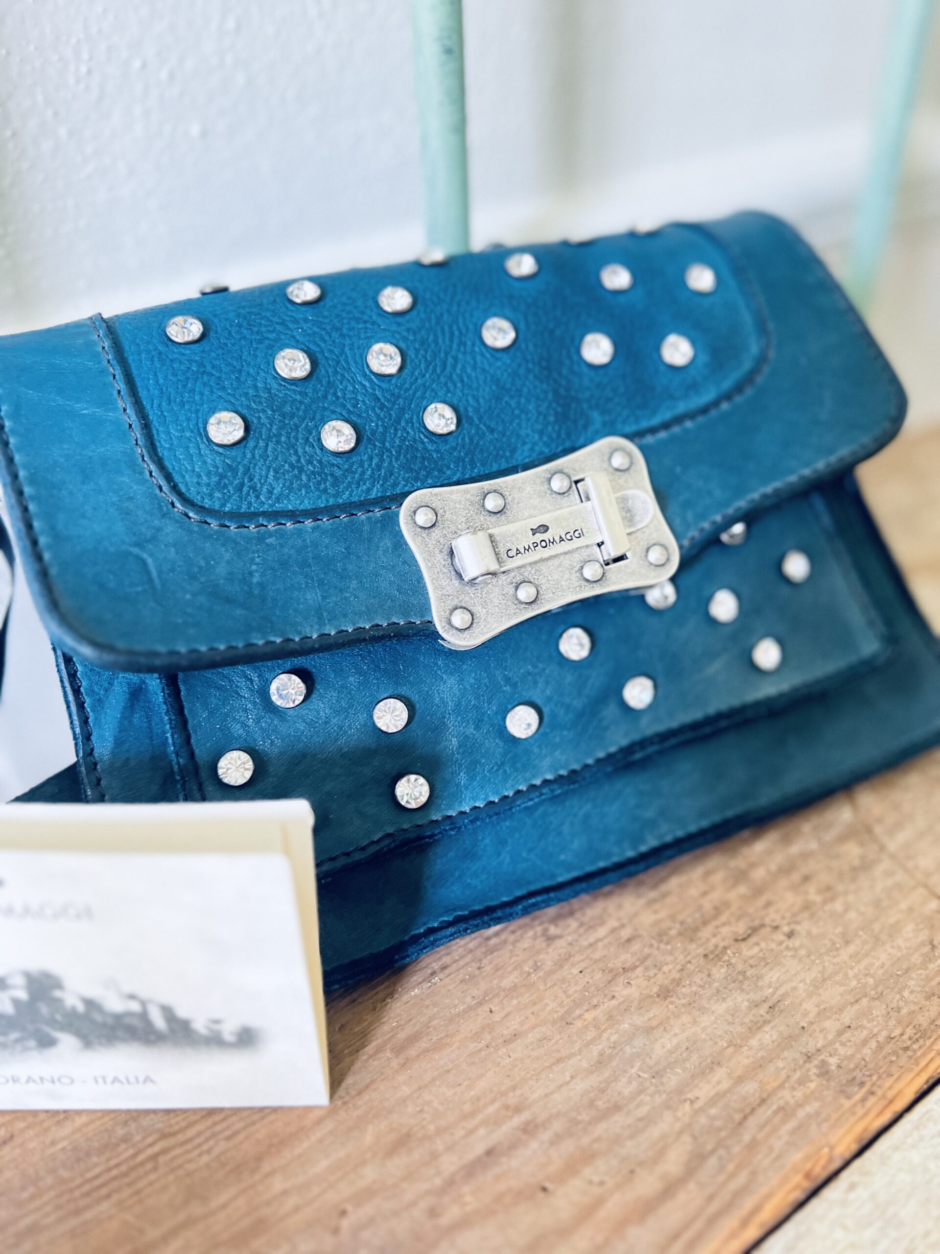 Campomaggi Italian Leather Agnese Cross Body Tracillina Piccola Vacchetta Strap with Trasp in Saphire Item # C016500ND/X2785/C3019