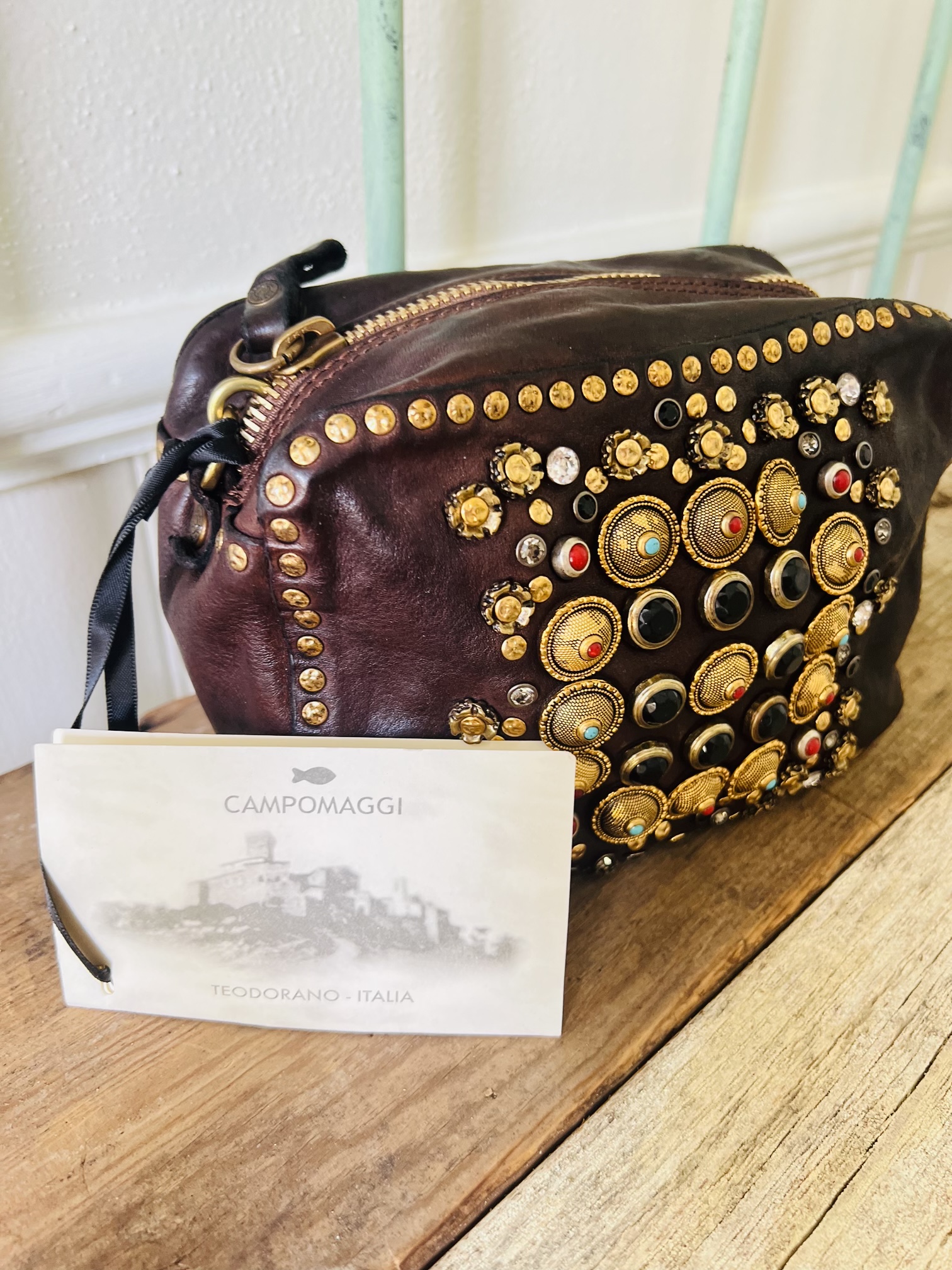 Campomaggi Italian Leather KATE -BOWLING BAG COW+RIBES COLORED 1,00 UN 276,00 276,00 STUDS+STRASS in Cognac item # C001080ND/X0045/C1502