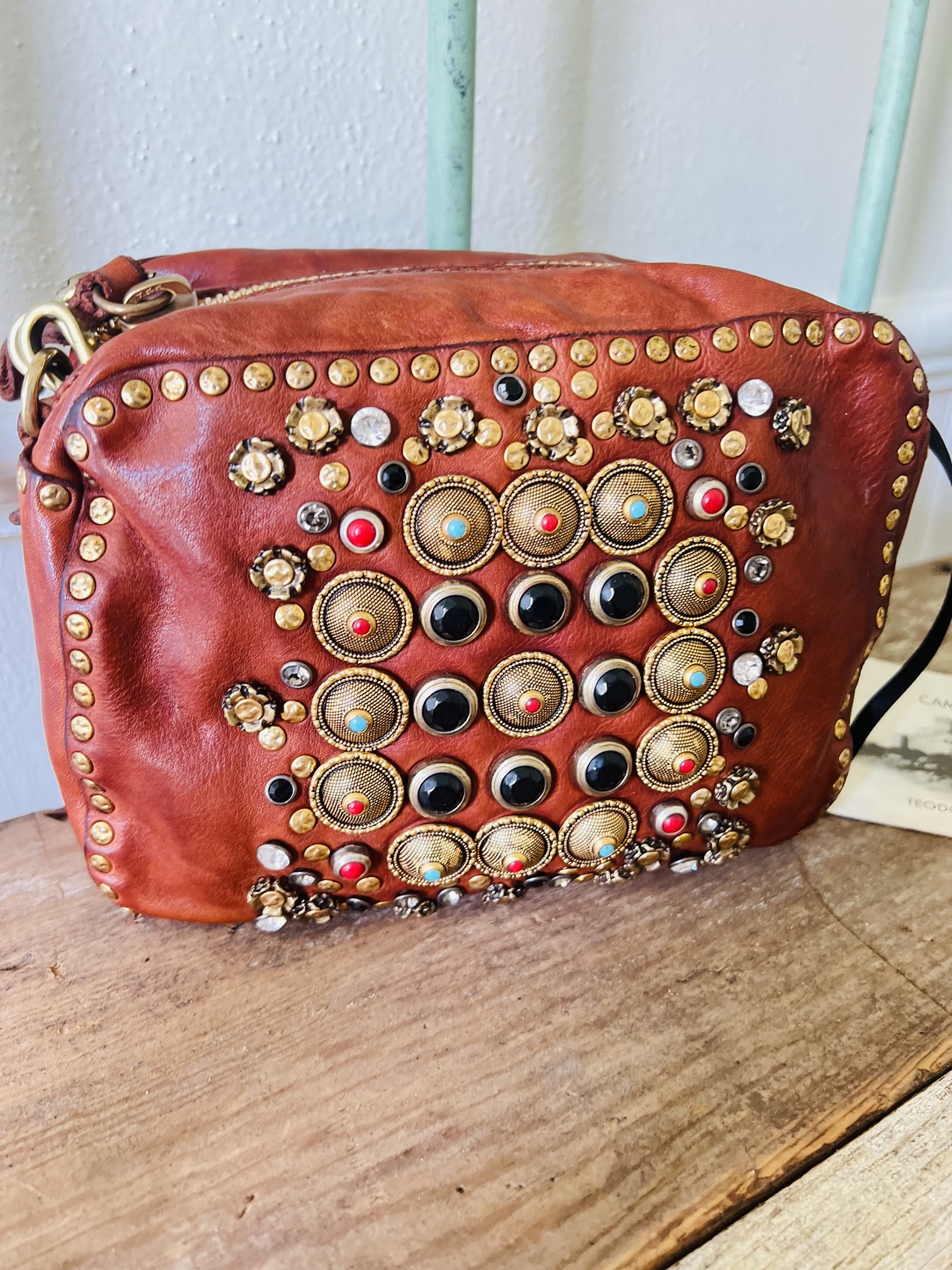 Campomaggi Italian Leather KATE -BOWLING BAG COW+RIBES COLORED 1,00 UN 276,00 276,00 STUDS+STRASS in Moro item # C001080ND/X0045/C1501
