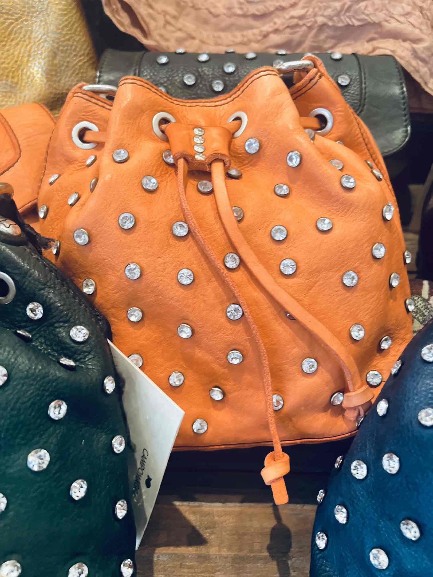 Campomaggi Italian Leather Bucket bag with studs Seccheiello Piccolo Strap Bucket bag in Apricot It #C039570ND/X0548/C3019