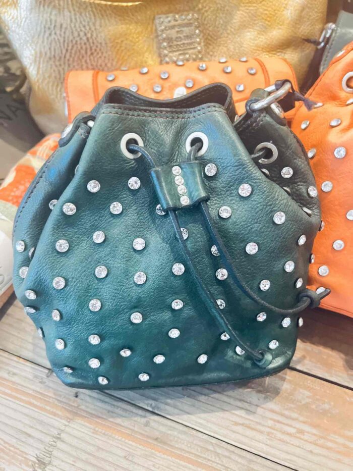 Campomaggi Italian Leather Bucket bag with studs Seccheiello Piccolo Strap Bucket bag in Bottle Green It #C016500ND/X2785/C2505