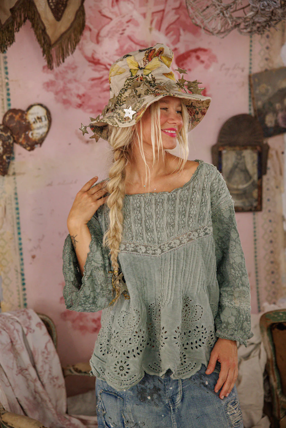 Magnolia Pearl Crochet Jodi Blouse in Seafoam Gray top 2320