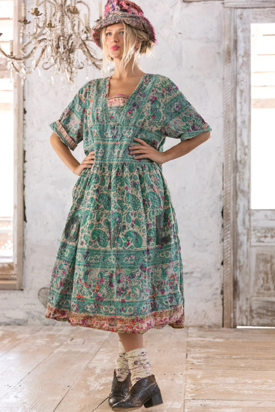 Magnolia Pearl European Cotton Blockprint STaigi Dress with Trim along edges in Demi Dress 1111