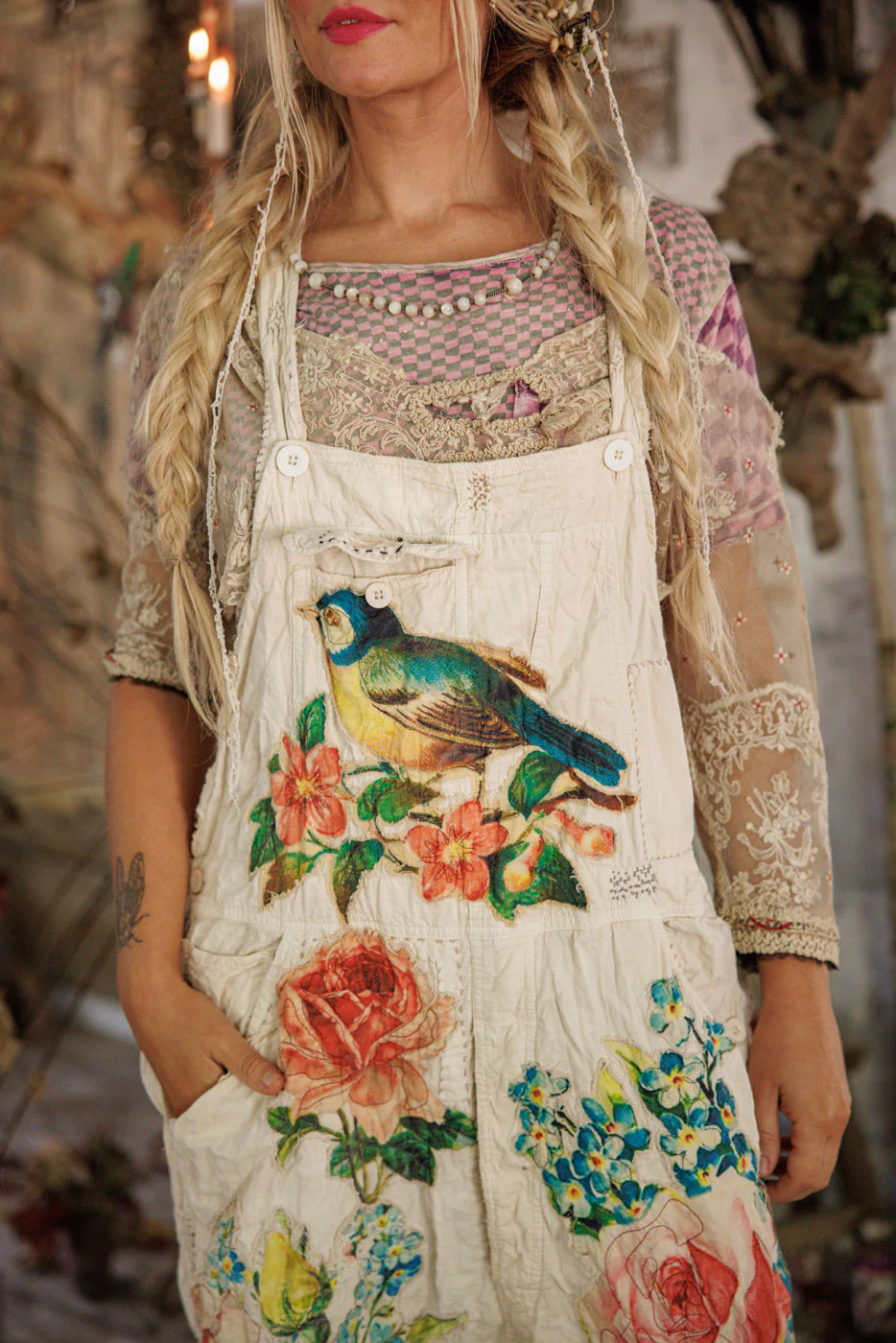 Magnolia Pearl European Cotton Birdie Bouquet Overalls in Moonlight Overalls 171