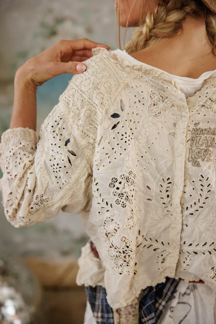 Magnolia Pearl European Cotton Eyelet Adelise Blouse in Antique White Top 2260