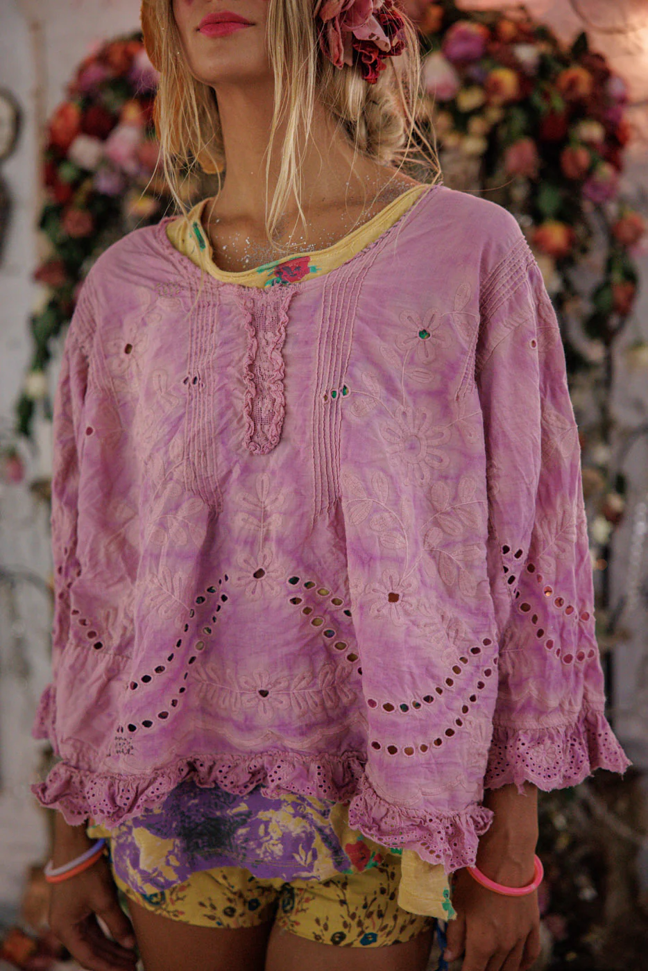 Magnolia Pearl European Cotton Eyelet Wennie Blouse in Allium Top 2566