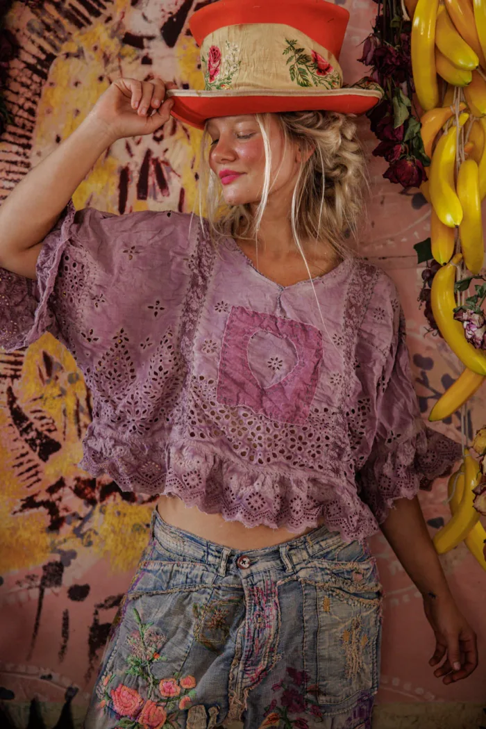 Magnolia Pearl European Cotton Eyelet Rosemary Blouse in Purple Boba top 2215