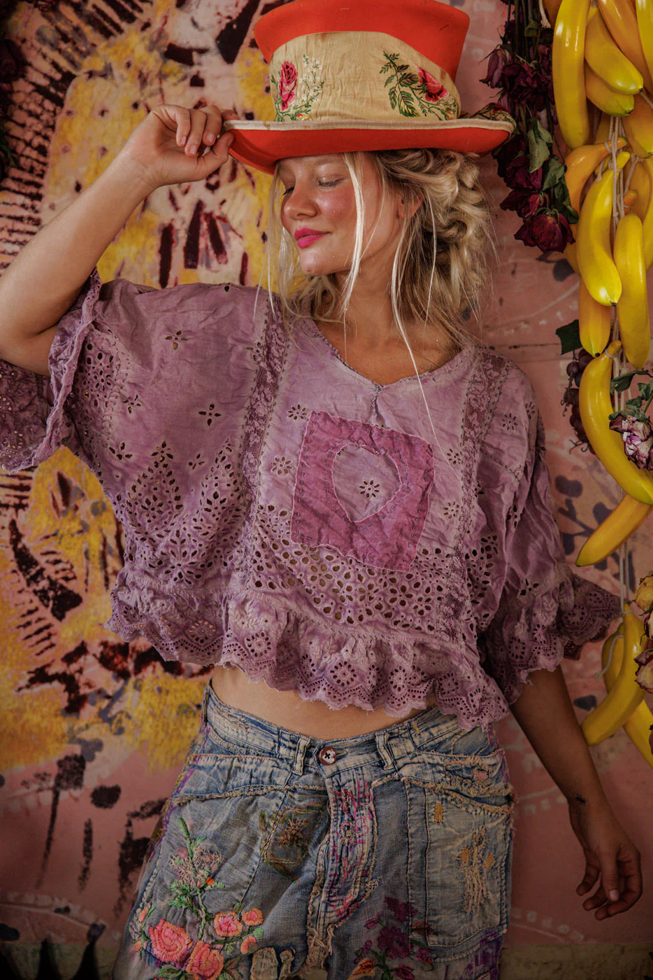 Magnolia Pearl European Cotton Eyelet Rosemary Blouse in Purple Boba top 2215