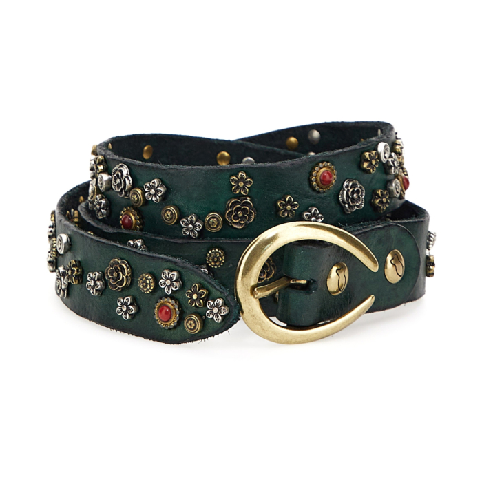 Campomaggi Italian Leather Mix Borchi Studded Belt in Bottle Green Belt C009960ND X2052 C2505 Bottiglia