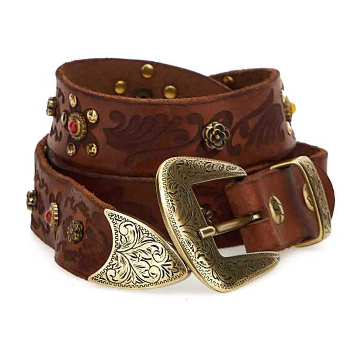 Campomaggi Italian Leather Belt in cognac with raster image and floral fretwork in Cognac Belt C009960ND_X2069_C1502