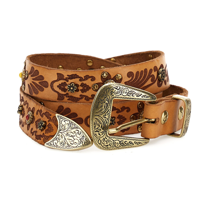 Campomaggi Italian Leather Belt with Floral Motif and Studs in Camel Belt C009960ND-X2069-C2019
