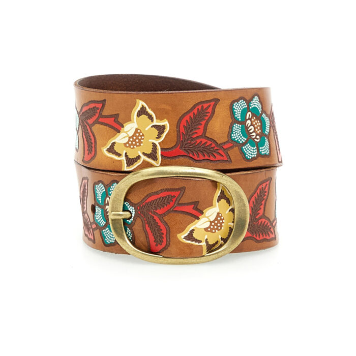 Campomaggi Italian Leather Belt in Cognac leather with Flower Decoration Belt C003850ND_X0079_C1502