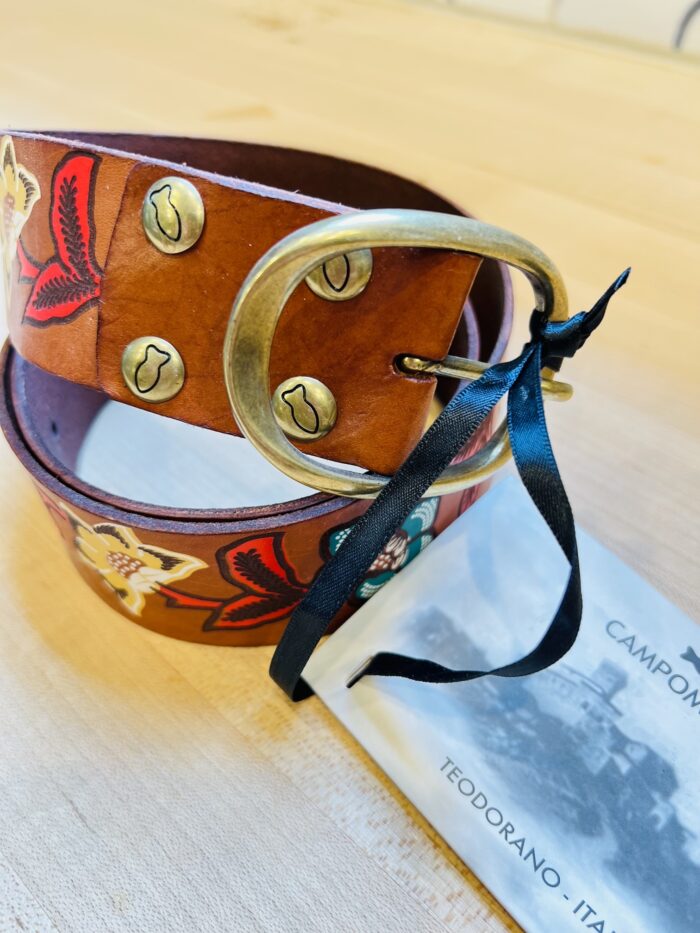 Campomaggi Italian Leather Belt in Cognac leather with Flower Decoration Belt C003850ND_X0079_C1502 - Image 5
