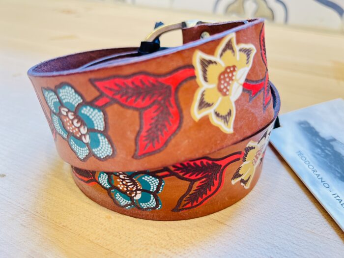 Campomaggi Italian Leather Belt in Cognac leather with Flower Decoration Belt C003850ND_X0079_C1502