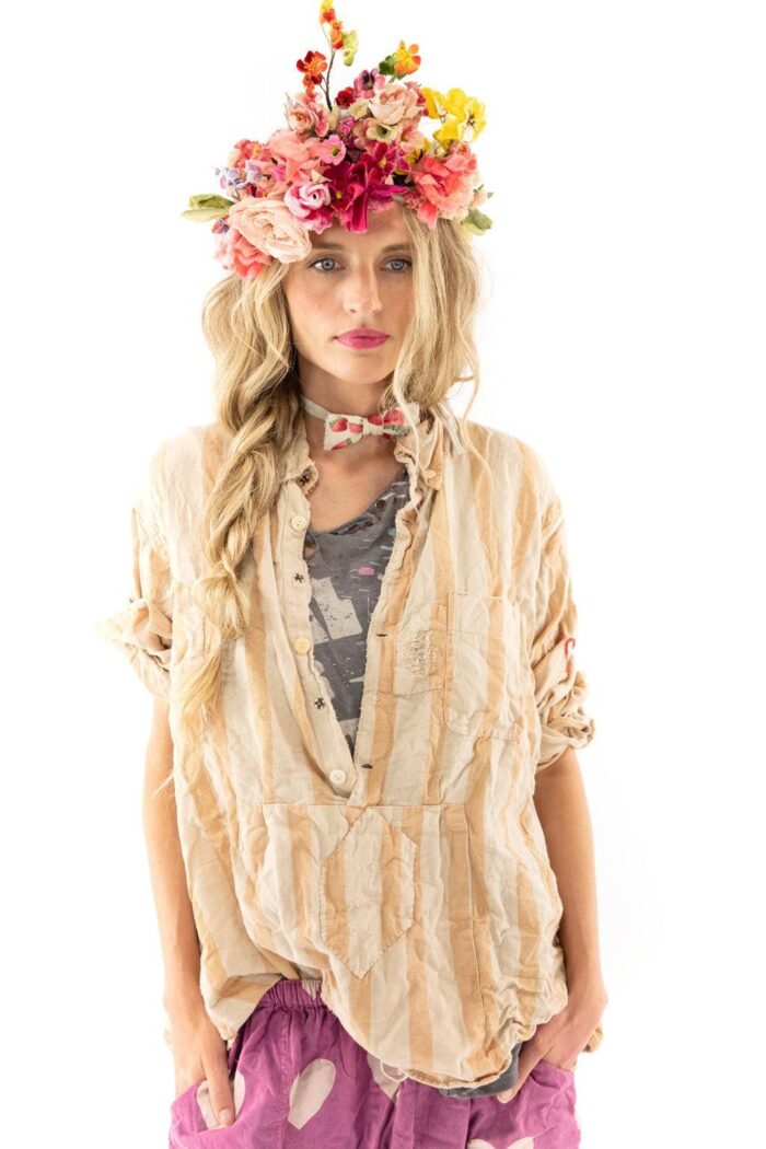 Magnolia Pearl Cotton Stripe Flex Raya Shirt in Guava Top 1119 - Image 2