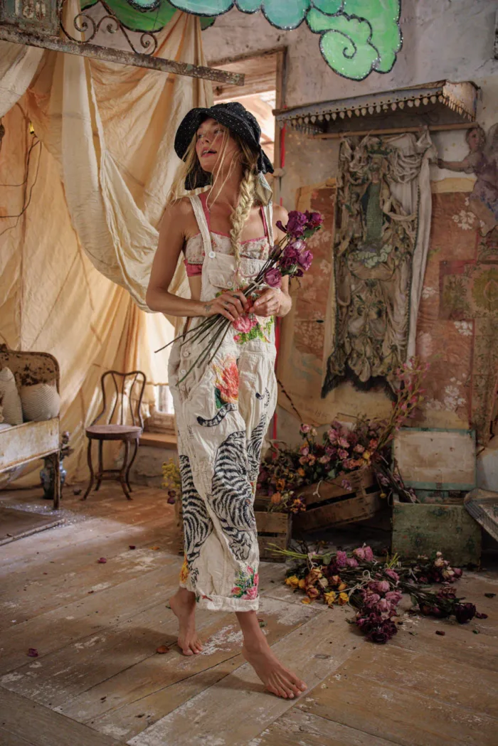 Magnolia Pearl European Cotton Birch Floral Love Overalls with Applique in Moonlight Overalls 176