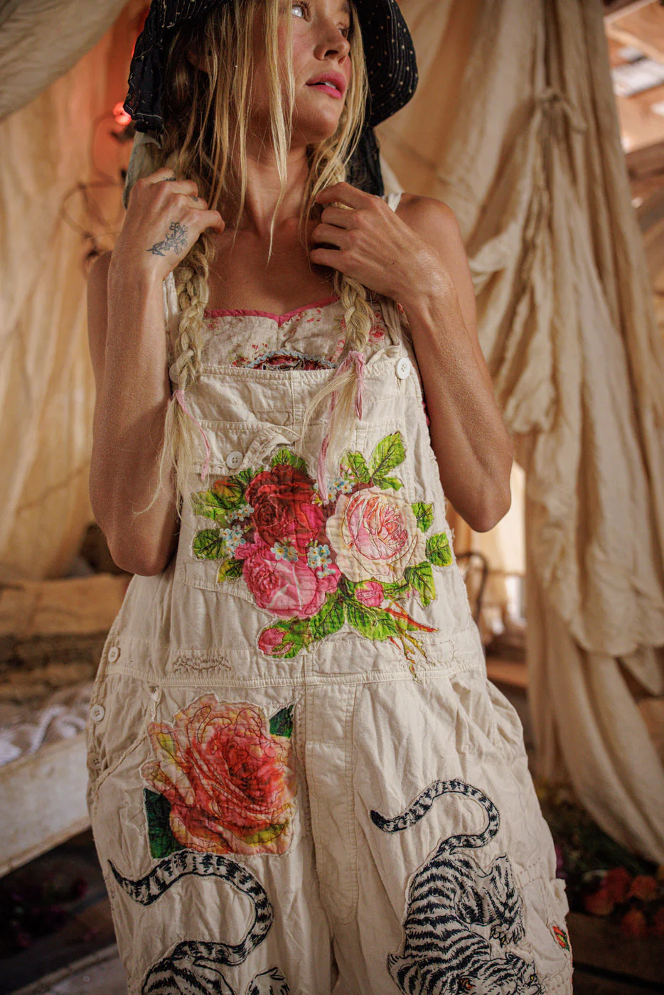 Magnolia Pearl European Cotton Birch Floral Love Overalls with Applique in Moonlight Overalls 176
